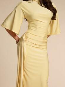 SHEIN BAE Vestido de mujer de manga corta con cuello de tortuga, abertura lateral con lazo, color amarillo. Vestido elegante, ideal para vacaciones, dama de honor, fiesta de cumpleaños, regreso a clases/graduación. - Amarillo - Ver 6