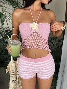 Selianne Setelan Musim Semi/Panas Tanpa Tali dengan Motif Patchwork Berongga dan Celana Pendek Warna Kontras untuk Liburan Pantai, Golf, dan Liburan Wanita, Warna Putih Seksi - Berwarna merah muda - View 4