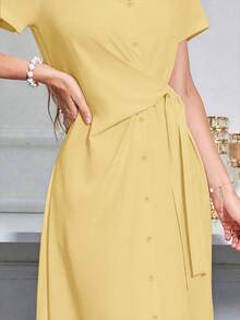 Modelyn Đầm maxi mùa hè màu trơn cổ chữ V tay ngắn cài cúc phía trước dành cho nữ. - Màu vàng - Xem 4