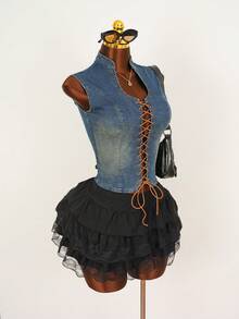 Attitoon Áo sơ mi denim nữ không tay kiểu dáng thường ngày với thiết kế dây buộc có lỗ xỏ. - Rửa tối - Xem 3