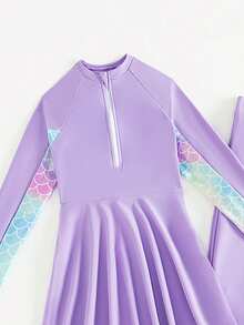 Conjunto de dos piezas de traje de baño para niña con protección solar de manga larga, estampado degradiado de escamas de pez y tirantes - Púrpura malva - Ver 4
