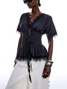LYSMO Solid Color V-Neck Lace Patchwork Short Sleeve Cinched Waist Pleated Blouse, Summer - Black - View 4