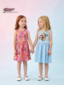 THE POWERPUFF GIRLS X SHEIN Maija Kids Bộ 2 chiếc váy cơ bản không tay cổ tròn, ôm eo, họa tiết hoạt hình IP dành cho bé gái. - Nhiều màu - Xem 6