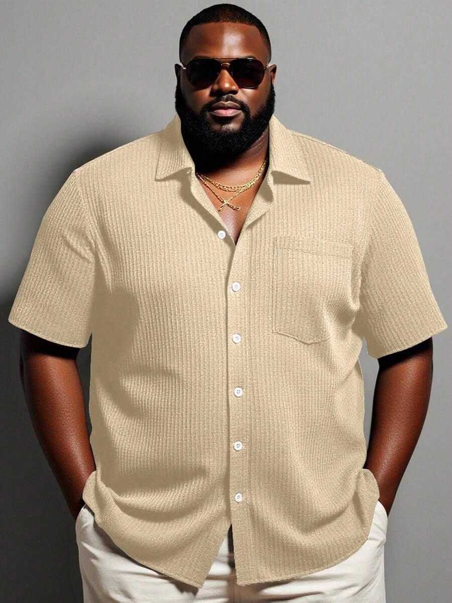 Manfinity Homme Plus Size Men's Solid Color Patch Pocket Front Button Casual Short Sleeve Jacket - Khaki - View 1