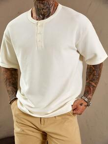 DAZY White Ribbed Fabric Half-Zip Design Short Sleeve T-Shirt For Men Summer - White - View 1