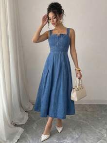 Flexra Mẫu đầm denim thanh lịch mới nhất mùa xuân/hè với thiết kế xếp ly và thắt eo dành cho nữ. - Rửa trung bình - Xem 6