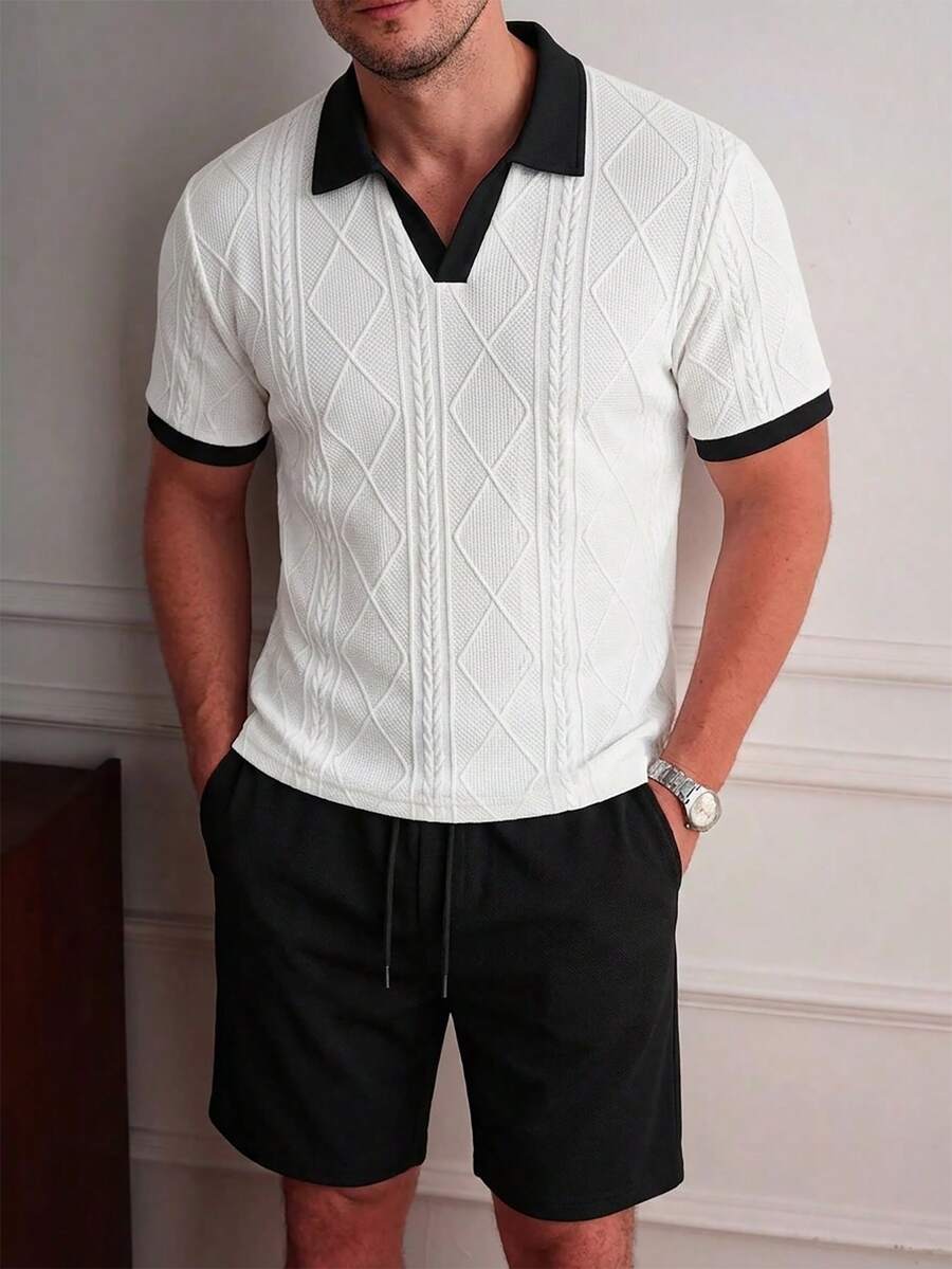 Core Aspect Men's Color-Blocked V-Neck Short-Sleeved T-Shirt + Drawstring Elastic Waist Shorts 2 Pieces Set - Multicolor - View 1