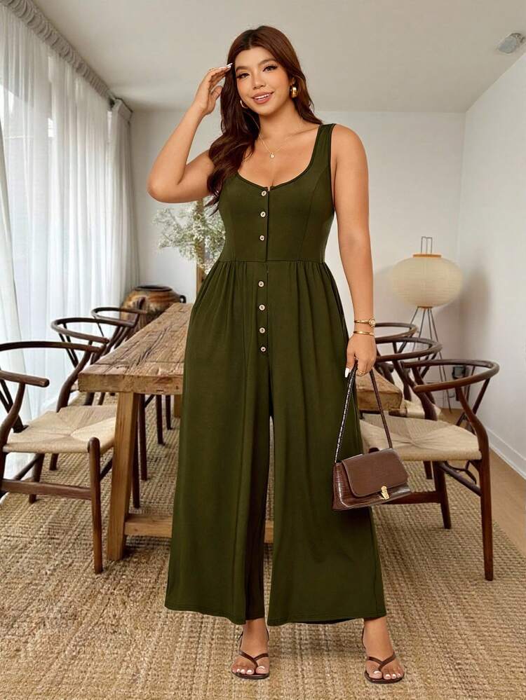 Vionelle Plus Size Women's Casual Sleeveless Jumpsuit With Coconut Button Front Opening, Loose Wide Leg Knit Vacation Jumpsuit, Summer Wide-Leg Jumpsuit Buttoned Jumpsuit Olive Green Jumpsuit Button Front Jumpsuit,Relaxed Vacation Knitted Jumpsuit,Daily Outfits,Has Pockets Vacation Olive Green,Women's Plus Size Army Green Cropped Jumpsuit Sleeveless Scoop Neck Knitted Fabric Button Front Plain Casual Style - Army Green - View 6
