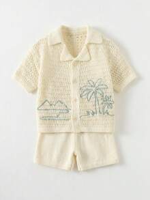 Bộ đồ đôi cho bé trai gồm áo khoác cardigan cổ polo và quần short họa tiết cây cọ, kiểu dáng thường ngày, thích hợp cho kỳ nghỉ. - Nhiều màu - Xem 1