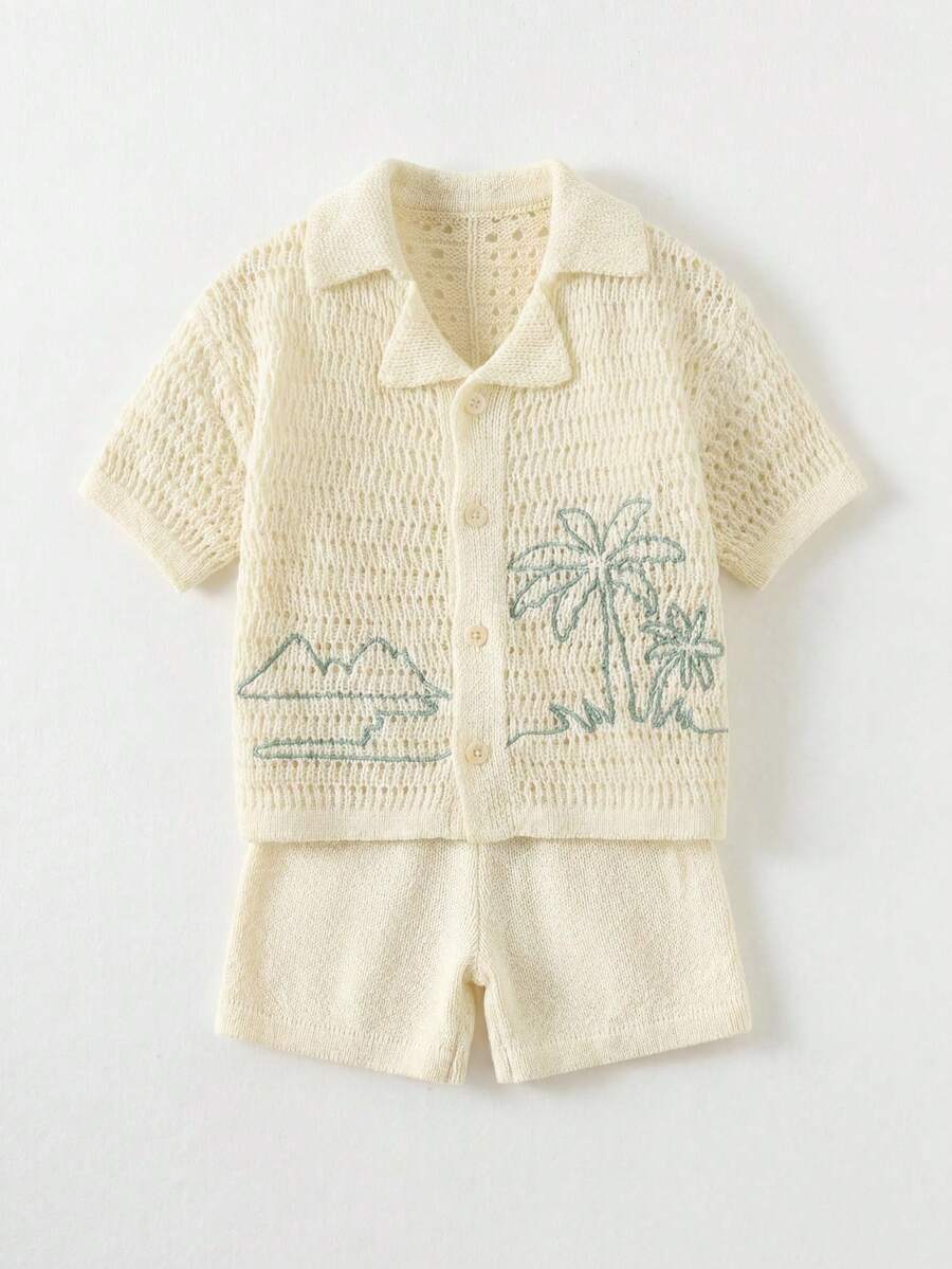 Bộ đồ đôi cho bé trai gồm áo khoác cardigan cổ polo và quần short họa tiết cây cọ, kiểu dáng thường ngày, thích hợp cho kỳ nghỉ. - Nhiều màu - Xem 1