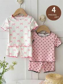 SHEIN LMoss Kids 4件套女婴针织爱心图案荷叶边领T恤和短裤家居服套装 - 彩色 - 查看 3
