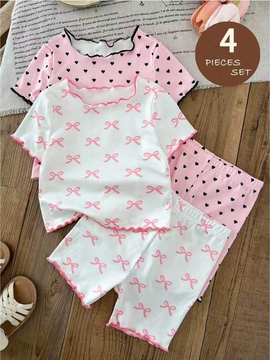 SHEIN LMoss Kids 4件套女婴针织爱心图案荷叶边领T恤和短裤家居服套装 - 彩色 - 查看 1