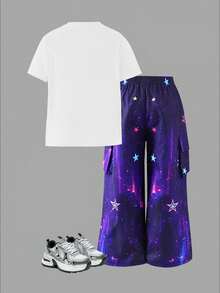 2件套女童时尚星星字母渐变印花短袖上衣和渐变星星印花口袋工装裤套装，适合夏季外出穿着 - 彩色 - 查看 2