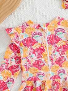 SHEIN Playful Pals Baby Girls Cute Multi-Color Shell Print One-Piece Swimsuit,Long Sleeve Zipper Ruffle Beachwear,Suitable For Swimming,Summer,Holiday,Beach,Pool Party - Burnt Orange - View 4