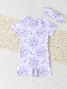 Souflis Souflis Baby Girl Floral & Butterfly Print Zipper Front Short Sleeve Romper Swimsuit - Mauve Purple - View 2