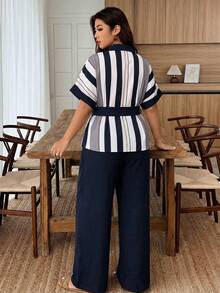 SHEIN LUNE Plus Size Women's Navy Blue Patchwork Shirt, Solid Color Slim Fit Pants Set, Casual Daily Outfit, Spring/Summer Bussines Office - Multicolor - View 2