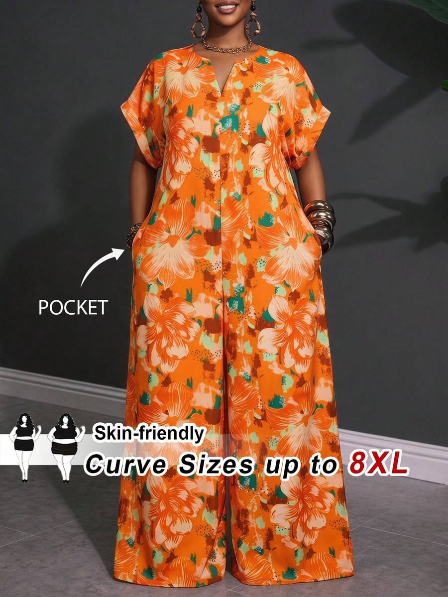 SHEIN CURVE+ 大码女士复古V领短袖连体裤,适合音乐节、海滩度假、波西米亚风格、夏季穿着 - 橘色 - 查看 1