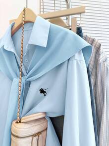 Resyla Kemeja Lengan Panjang Minimalis Warna Polos untuk Wanita, Pakaian Kasual Sehari-hari - Biru - View 4