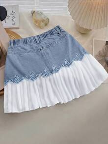 SHEIN MOD CURVE 大码撞色褶皱刺绣牛仔裙 - 彩色 - 查看 2