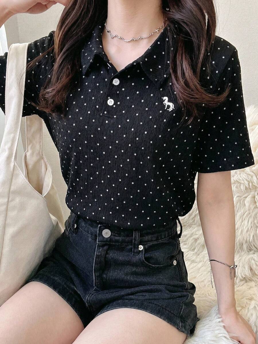 FRIFUL 女士杏色 Polo 领刺绣 T 恤,翻领短袖夏季服装 - 黑色 - 查看 1