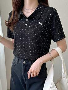FRIFUL 女士杏色 Polo 领刺绣 T 恤，翻领短袖夏季服装 - 黑色 - 查看 5