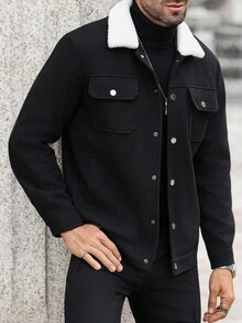 Manfinity CasualCool 男士纯色休闲长袖外套，适合秋冬季节穿着，黑色 - 黑色 - 查看 7