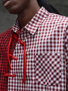 Manfinity RebelGame Men's Contrast Plaid Short Sleeve Button-Down Casual Street Wear Shirt Vacation Red And White Plaid Summer - Red - View 5