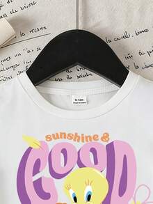 LOONEY TUNES X SHEIN GraphicGems 女婴标语印花短袖T恤，休闲卡通风格，夏季必备 - 白色 - 查看 5