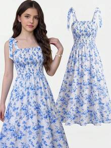 SHEIN Đầm ôm sát người họa tiết hoa sơn dầu, dây mảnh, thắt eo, dành cho thiếu nữ mùa xuân và hè/Kỳ nghỉ/Đi biển/Hồ/Thanh lịch - Xanh và trắng - Xem 3