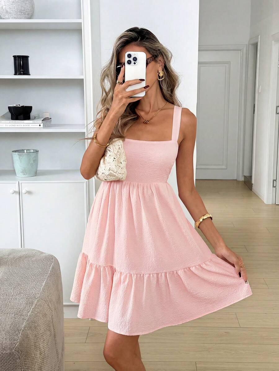 Easowa Đầm yếm dáng chữ A cổ vuông hở lưng thắt nơ, xếp ly nhiều lớp, chất liệu crepe, kiểu dáng thoải mái, thanh lịch, thích hợp đi làm, đi nghỉ mát, mùa xuân hè cho nữ. - Màu Hồng baby - Xem 1