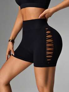 Dewbera Dewbera Breathable Perforated Letter Printed Seamless Sports Shorts - Black - View 5