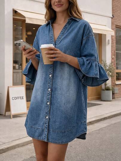 EMERY ROSE Mature Denim Đầm denim nữ thường ngày, kiểu dáng giản dị, cài cúc phía trước, đã qua xử lý giặt.
