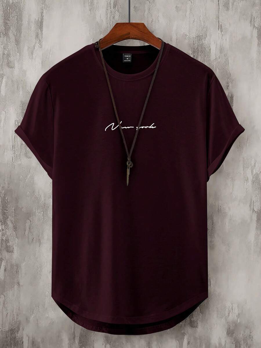 Manfinity Roughcore Men's Casual Printed Round Neck T-Shirt, Summer - Burgundy - View 1