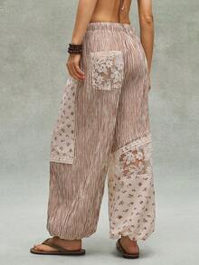 SHEIN BohoFeels Women's Casual Woven Patchwork Loose Drawstring Ankle Pants - Brown - View 7