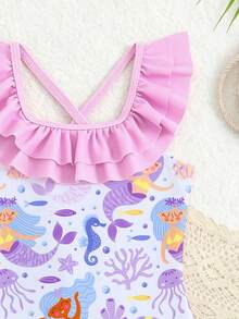SHEIN New Fashion Girls Swimsuit, All-Over Print Camisole One-Piece Swimwear With Tummy Control - Mauve Purple - View 3