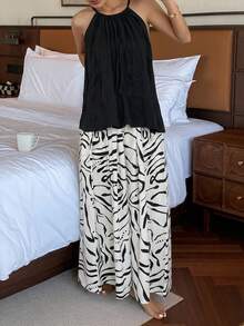 DAZY Women Solid Color Halter Top & Full Print Pants Pajama Set - Black - View 5