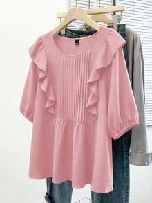 GlowEve CURVE Plus Size Women Fashion Versatile Ruffle Hem Blouse, Suitable For Daily Commute - Dusty Pink - View 5