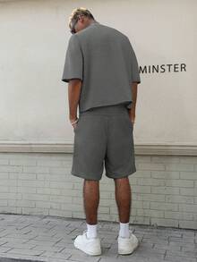 Major Grit Young Street Style, Ribbon Design, Gothic Letter Print Grey Men T-Shirt Set Football - Dark Grey - View 2