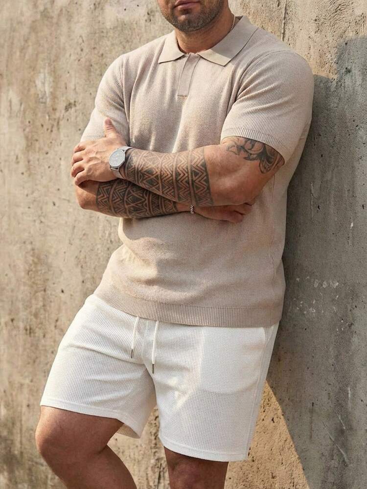 Plus Size Men's White Polo Neck Short Sleeve Knit Top