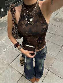 Aloruh 女士新款高领露背性感棕色扎染印花吊带背心，适合派对、度假、音乐节等场合。 - 棕色 - 查看 2