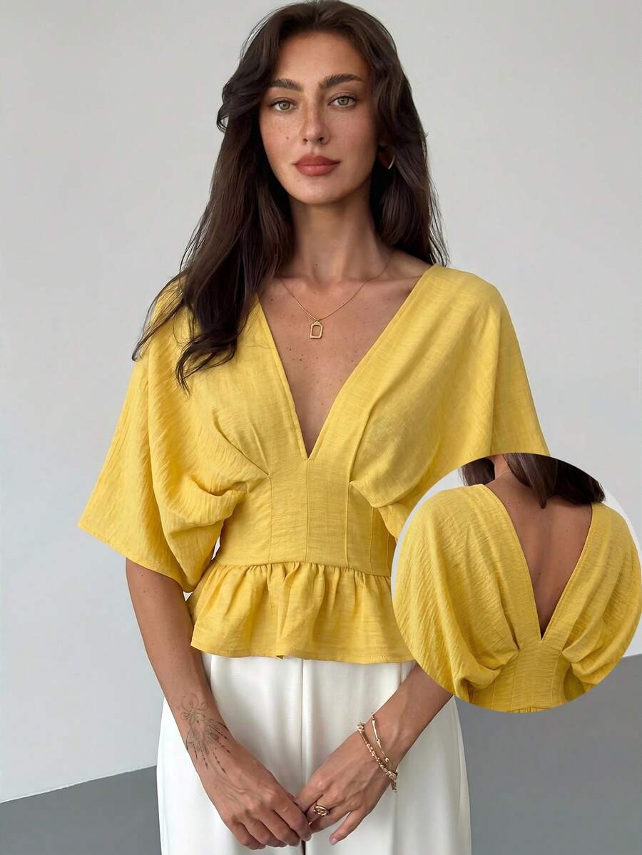 Aloruh Women's Solid Color V-Neck Pleated Design Batwing Sleeve Blouse,Summer Top - Light Yellow - View 1