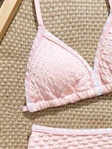 SHEIN Tween Girls Baby Pink Summer Cute Beach Holiday Bikini Swimwear,Textured Halter Triangle Top&High-Waisted Briefs Two-Piece Set,Floral Bathing Suits - Pink - View 3