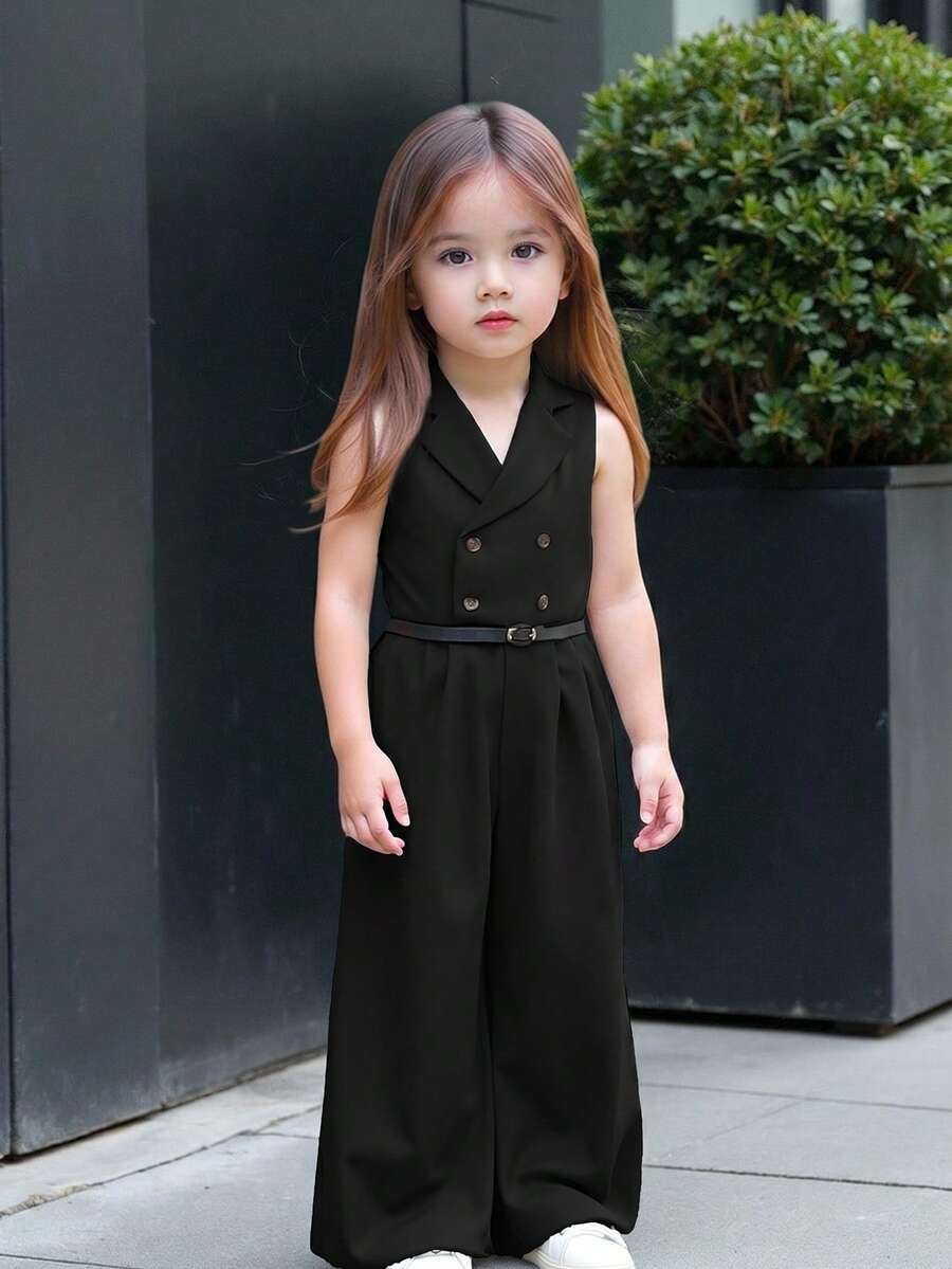 SHEIN Bộ áo liền quần không tay màu đen thanh lịch cho bé gái, có cổ áo blazer, thích hợp cho mùa hè. - màu đen - Xem 1
