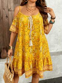 Breezaya Plus Size Floral Print Off-Shoulder Casual Dress - Yellow - View 4
