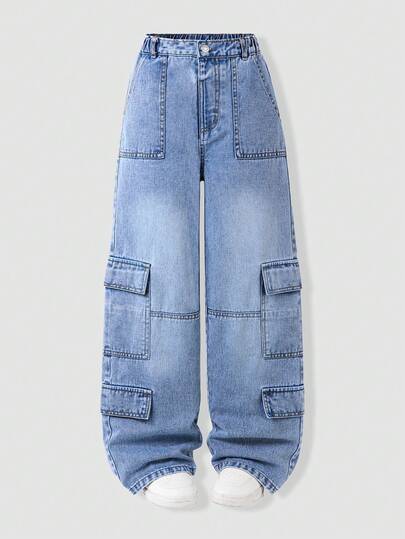 Tween Girls Cargo Jeans Summer New Arrival Vintage Washed Blue Denim Pants Elastic Waist Multiple Pockets Loose Wide Leg Straight Fit Comfortable Cotton Casual Daily School Vacation Commute Streetwear