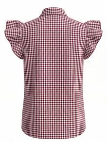 Áo sơ mi nữ kiểu dáng thường ngày kẻ caro, cổ buộc nơ, tay ngắn. - Đỏ và trắng - Xem 3