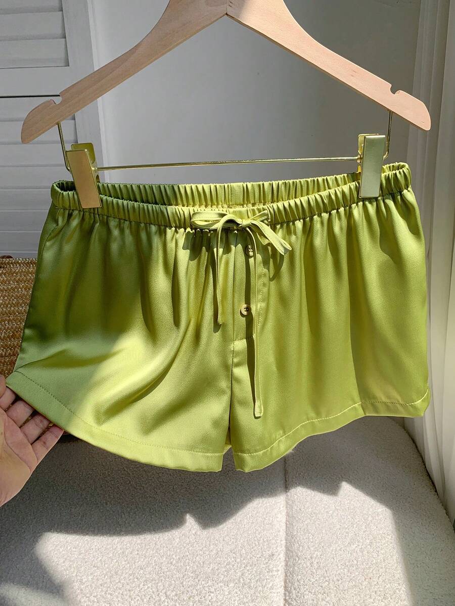 Comfortcana Quần short nữ mùa hè, màu trơn, kiểu dáng thường ngày, cạp chun, chất liệu vải lanh. - màu xanh lá - Xem 1