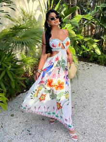 SHEIN SXY 热带印花露背吊带连衣裙，适合海滩度假 - 彩色 - 查看 7