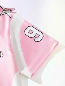 THE POWERPUFF GIRLS X SHEIN Maija Kids 女童V领短袖撞色运动数字印花连衣裙联名系列，春夏款 - 粉色 - 查看 8