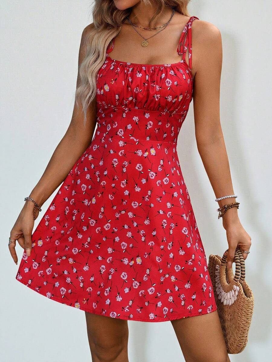 SHEIN Holidaya Đầm ngắn ôm dáng, bèo nhún, thắt nơ phía trước, họa tiết hoa dành cho nữ, thích hợp mặc hàng ngày vào mùa xuân và hè. - Đỏ - Xem 1